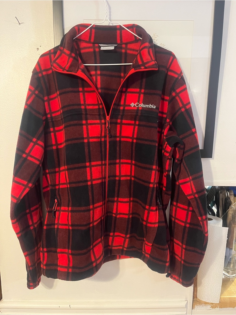 Columbia Red and Black Plaid Full-Zip Fleece Jacket